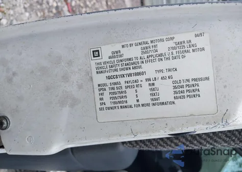 1997 Chevrolet S-10 Ls Fleetside из США, поврежденный, VIN 1GCCS19X1V8188601